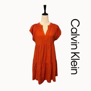 Calvin Klein Gauze Split Neck Tiered Swing Dress - Size 12